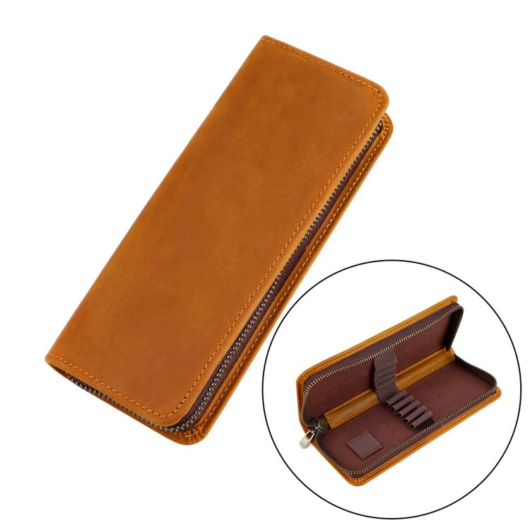 Astuccio portapenne vintage quadrato in vera pelle con cerniera.