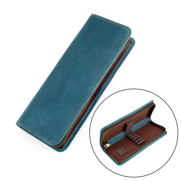 Astuccio portapenne vintage quadrato in vera pelle con cerniera.