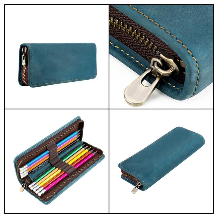 Astuccio portapenne vintage quadrato in vera pelle con cerniera.