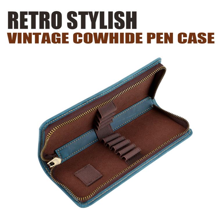 Astuccio portapenne vintage quadrato in vera pelle con cerniera.