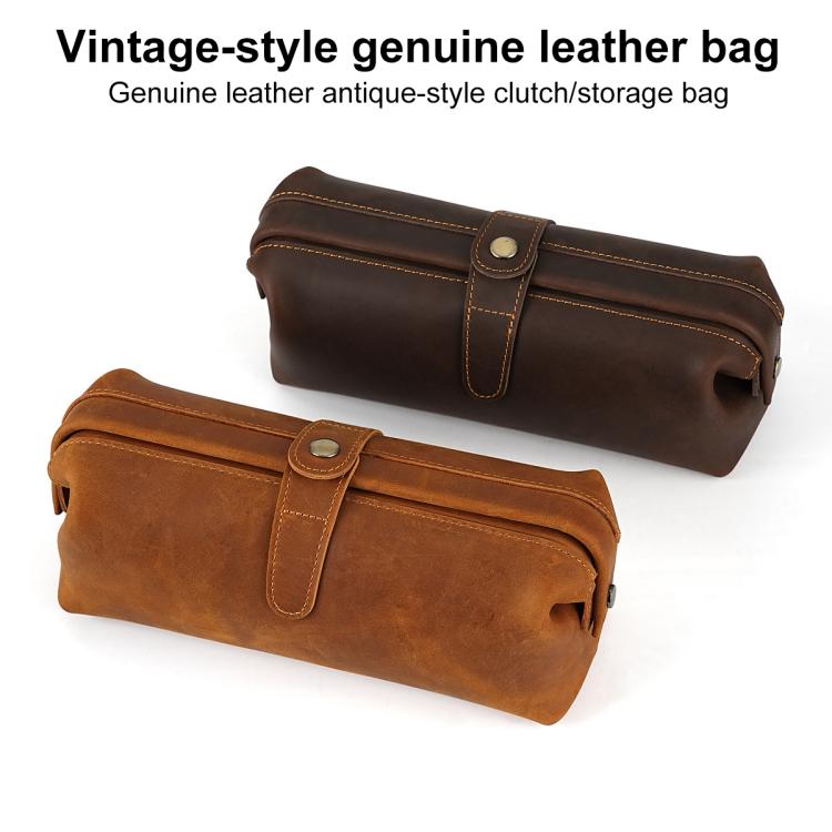 Pochette vintage in vera pelle di grande capacità, borsa porta cosmetici antica