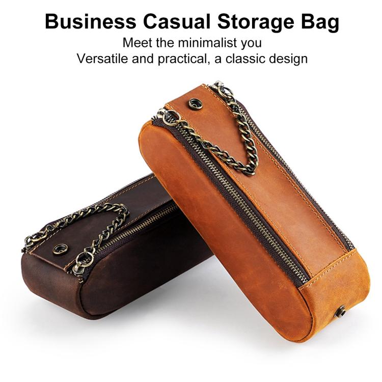 Astuccio portapenne vintage in vera pelle con doppia cerniera, portatile.