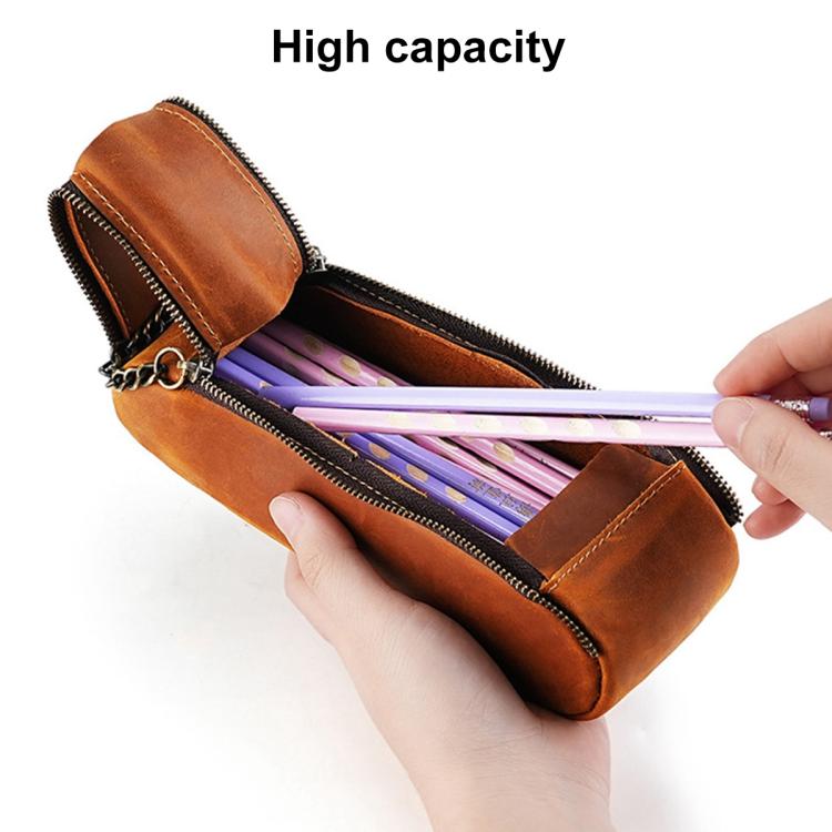 Astuccio portapenne vintage in vera pelle con doppia cerniera, portatile.