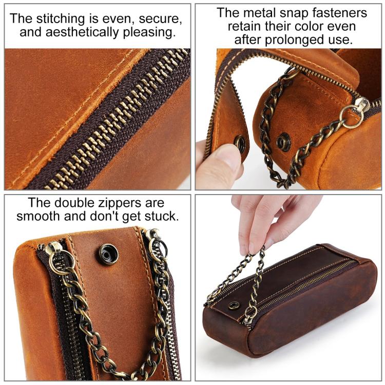 Astuccio portapenne vintage in vera pelle con doppia cerniera, portatile.