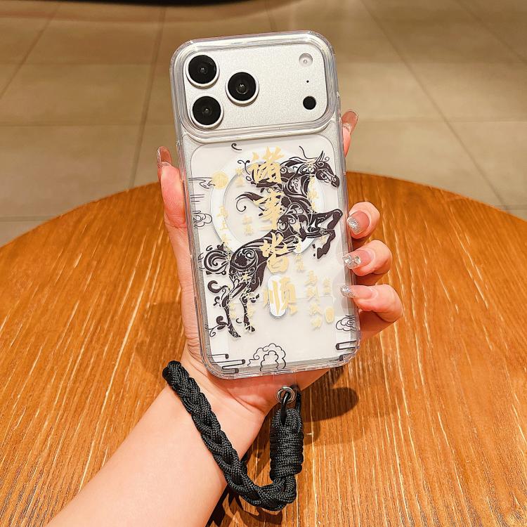 Custodia per telefono magnetica in acrilico con motivo "Anno del Cavallo", a copertura totale, con cordino., For iPhone 17 Pro Max, For iPhone 17 Pro, For iPhone 17, For iPhone Air