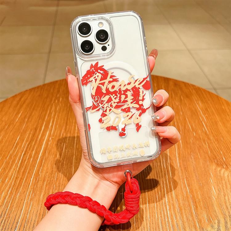 Custodia per telefono magnetica in acrilico con motivo "Anno del Cavallo", a copertura totale, con cordino., For iPhone 16 Pro Max, For iPhone 16 Pro, For iPhone 16 Plus, For iPhone 16
