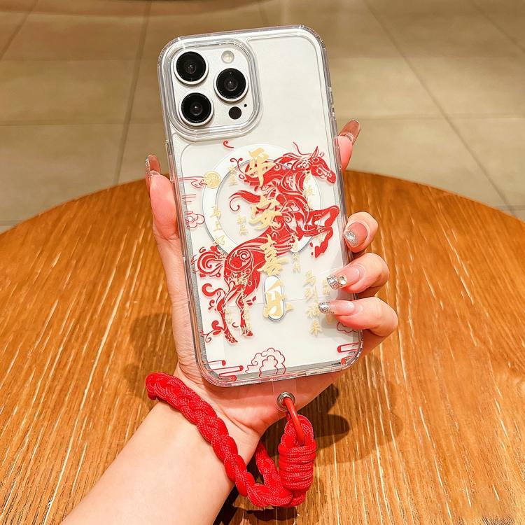 Custodia per telefono magnetica in acrilico con motivo "Anno del Cavallo", a copertura totale, con cordino., For iPhone 16 Pro Max, For iPhone 16 Pro, For iPhone 16 Plus, For iPhone 16