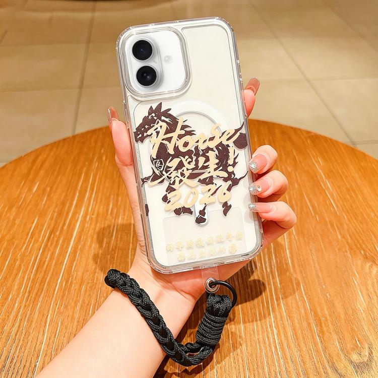 Custodia per telefono magnetica in acrilico con motivo "Anno del Cavallo", a copertura totale, con cordino., For iPhone 16 Pro Max, For iPhone 16 Pro, For iPhone 16 Plus, For iPhone 16