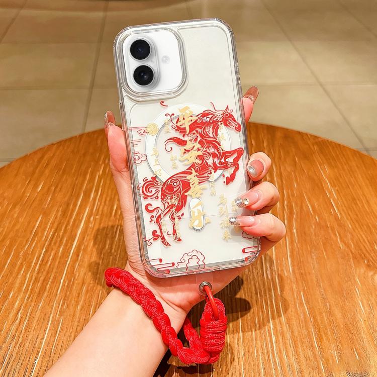 Custodia per telefono magnetica in acrilico con motivo "Anno del Cavallo", a copertura totale, con cordino., For iPhone 16 Pro Max, For iPhone 16 Pro, For iPhone 16 Plus, For iPhone 16