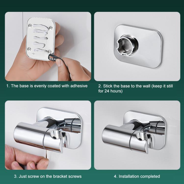 Supporto per soffione doccia in acciaio inox senza foratura, girevole a 360 gradi, con base universale regolabile.