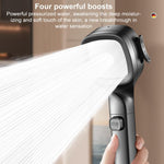 Soffione doccia multifunzione con pistola a spruzzo pressurizzata a 4 velocità e filtro, con funzione di interruzione dell'acqua tramite un solo pulsante.
