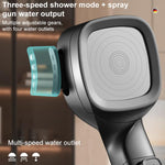 Soffione doccia multifunzione con pistola a spruzzo pressurizzata a 4 velocità e filtro, con funzione di interruzione dell'acqua tramite un solo pulsante.