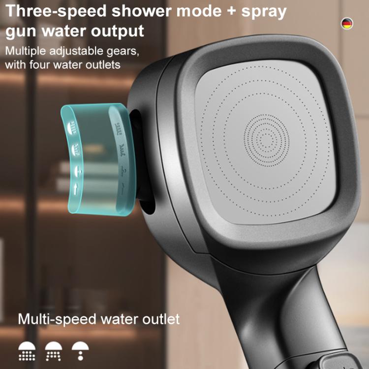 Soffione doccia multifunzione con pistola a spruzzo pressurizzata a 4 velocità e filtro, con funzione di interruzione dell'acqua tramite un solo pulsante.