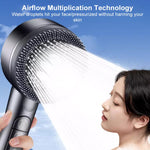 Soffione doccia multifunzione a 4 modalità con potente sistema di purificazione dell'acqua Turbocharged e interruttore di arresto del flusso a un pulsante.