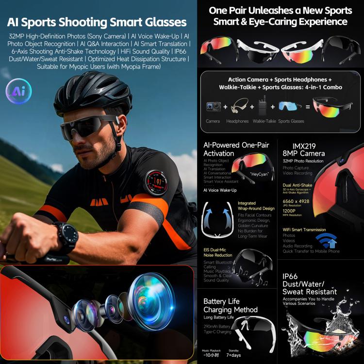 Occhiali sportivi intelligenti da ciclismo W640 da 8 MP con intelligenza artificiale, stabilizzazione dell'immagine a sei assi, Wi-Fi, controllo touch, riduzione del rumore con doppio microfono, traduzione tramite IA.