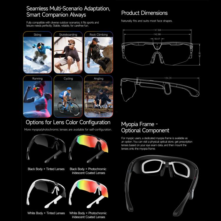 Occhiali sportivi intelligenti da ciclismo W640 da 8 MP con intelligenza artificiale, stabilizzazione dell'immagine a sei assi, Wi-Fi, controllo touch, riduzione del rumore con doppio microfono, traduzione tramite IA.