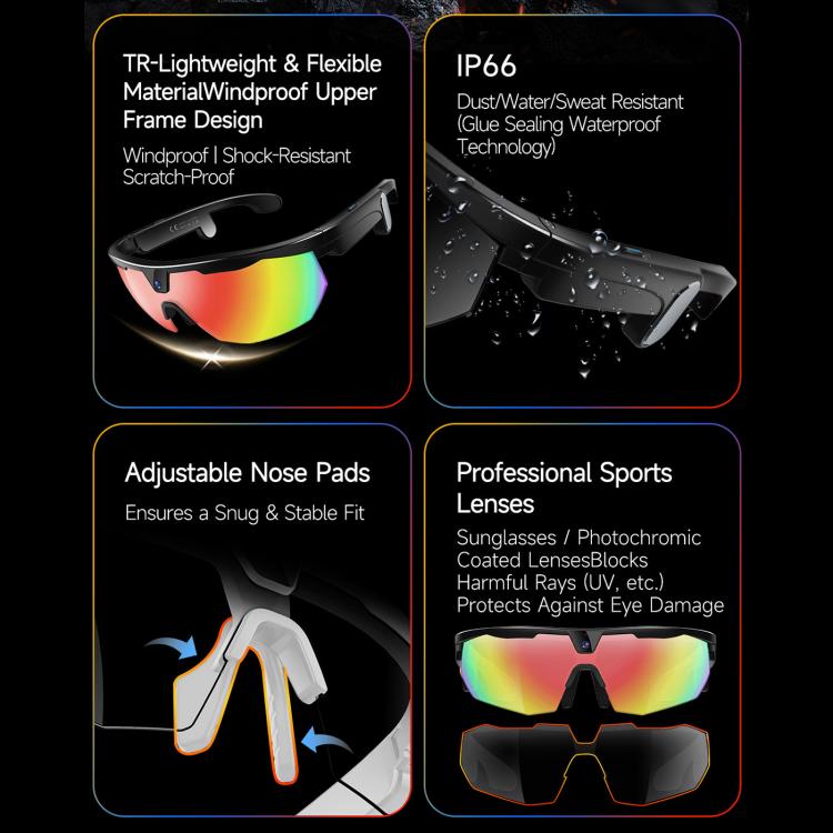 Occhiali sportivi intelligenti da ciclismo W640 da 8 MP con intelligenza artificiale, stabilizzazione dell'immagine a sei assi, Wi-Fi, controllo touch, riduzione del rumore con doppio microfono, traduzione tramite IA.