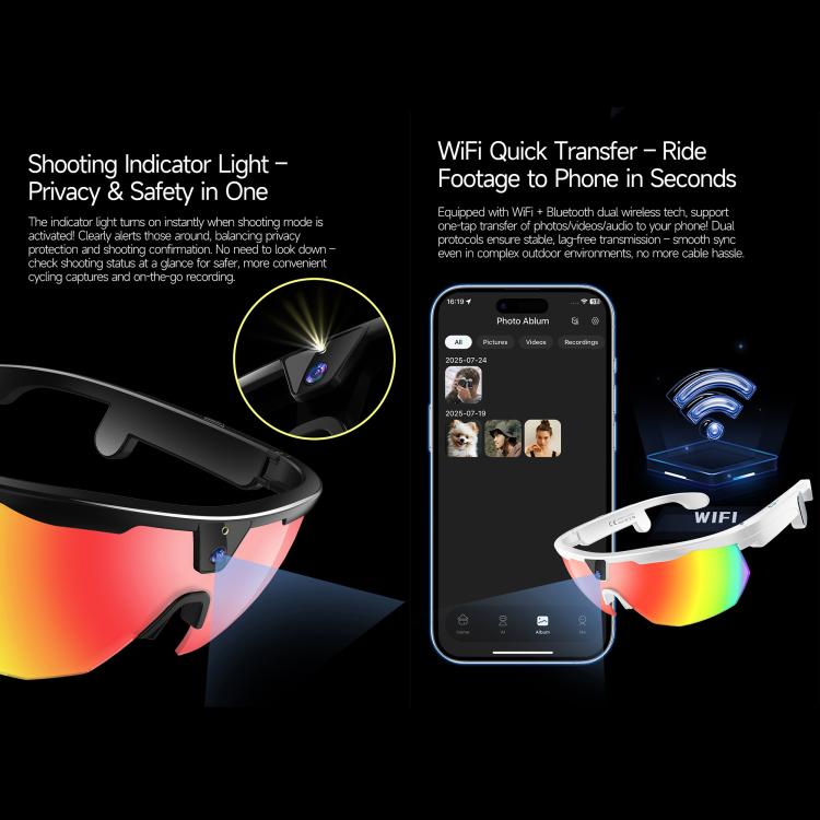 Occhiali sportivi intelligenti da ciclismo W640 da 8 MP con intelligenza artificiale, stabilizzazione dell'immagine a sei assi, Wi-Fi, controllo touch, riduzione del rumore con doppio microfono, traduzione tramite IA.