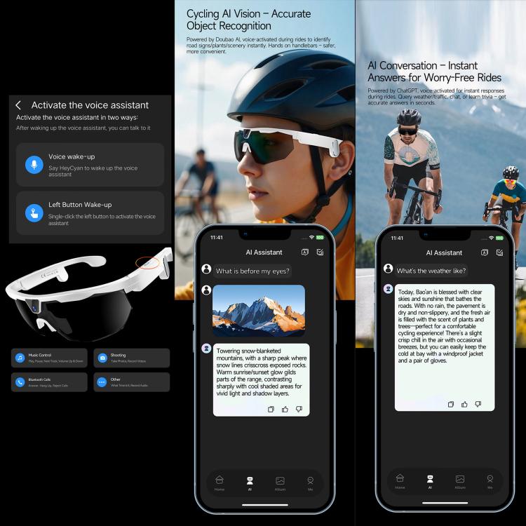 Occhiali sportivi intelligenti da ciclismo W640 da 8 MP con intelligenza artificiale, stabilizzazione dell'immagine a sei assi, Wi-Fi, controllo touch, riduzione del rumore con doppio microfono, traduzione tramite IA.