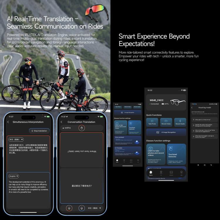 Occhiali sportivi intelligenti da ciclismo W640 da 8 MP con intelligenza artificiale, stabilizzazione dell'immagine a sei assi, Wi-Fi, controllo touch, riduzione del rumore con doppio microfono, traduzione tramite IA.