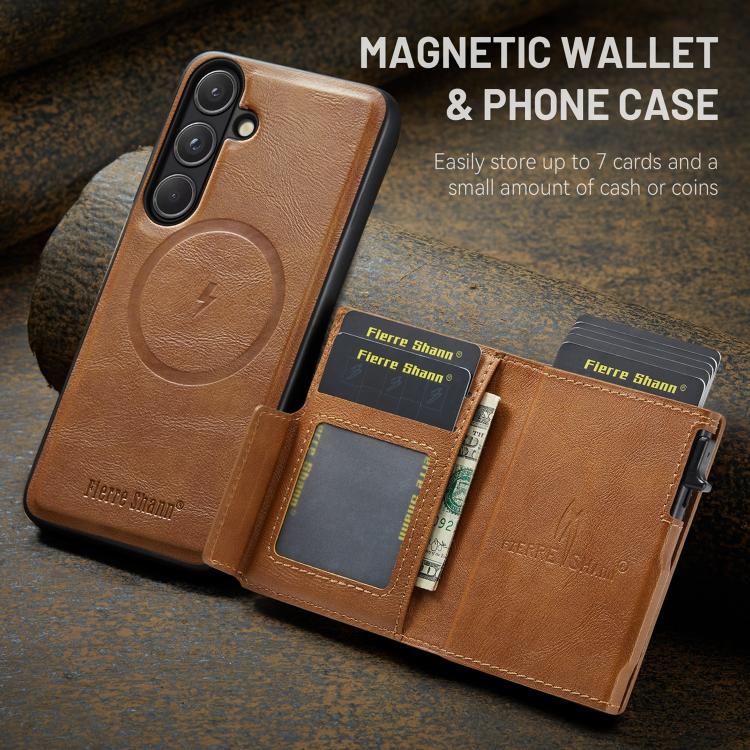 Fierre Shann Oil Wax Vegan Leather Magnetic Card Holder Retro Phone Case, For Galaxy S26+ 5G, For Galaxy S26 Ultra 5G, For Galaxy S26 5G, For Galaxy S25 FE 5G