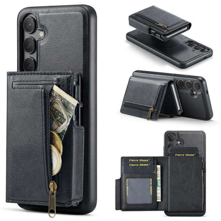Fierre Shann Oil Wax Vegan Leather Magnetic Card Holder Retro Phone Case, For Galaxy S24 FE 5G, For Galaxy S24 Ultra 5G, For Galaxy S24+ 5G, For Galaxy S24 5G