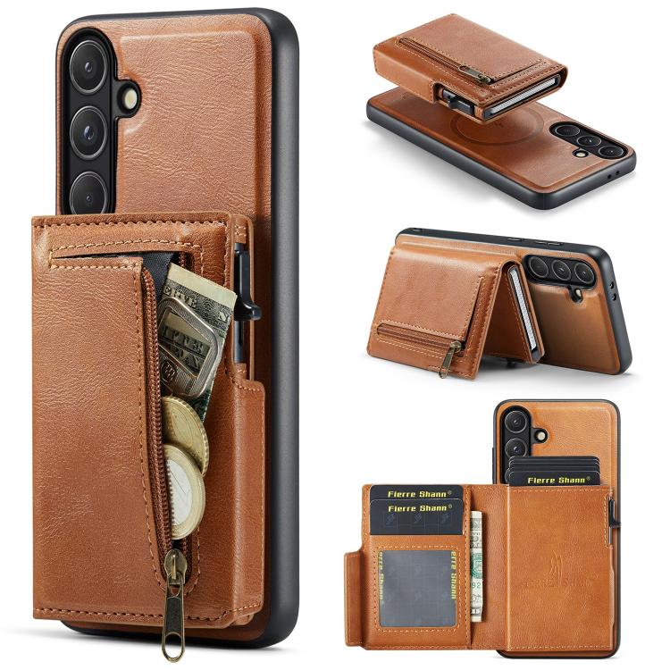 Fierre Shann Oil Wax Vegan Leather Magnetic Card Holder Retro Phone Case, For Galaxy S24 FE 5G, For Galaxy S24 Ultra 5G, For Galaxy S24+ 5G, For Galaxy S24 5G