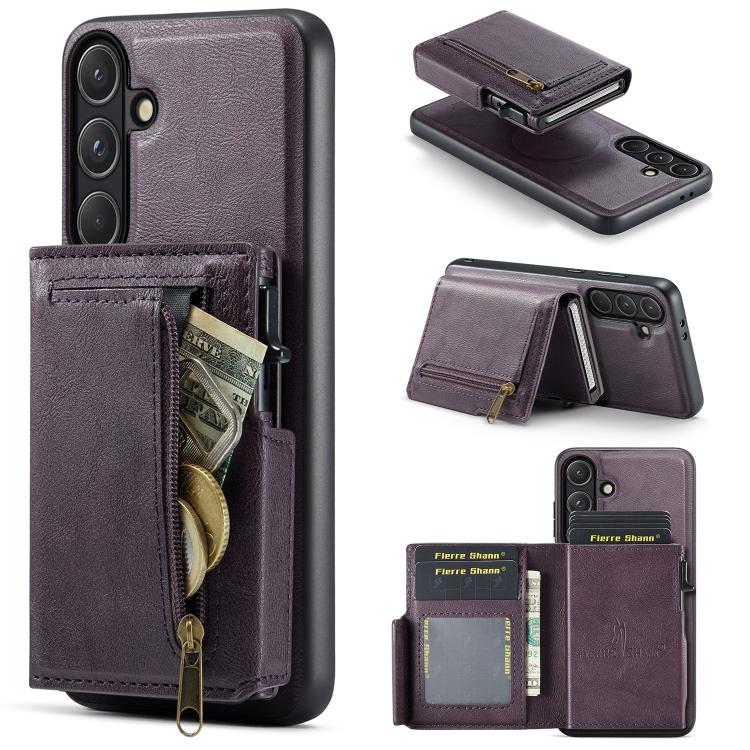 Fierre Shann Oil Wax Vegan Leather Magnetic Card Holder Retro Phone Case, For Galaxy S24 FE 5G, For Galaxy S24 Ultra 5G, For Galaxy S24+ 5G, For Galaxy S24 5G