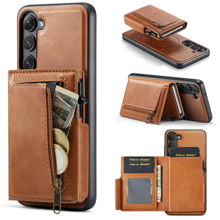 Fierre Shann Oil Wax Vegan Leather Magnetic Card Holder Retro Phone Case, For Galaxy S23 FE 5G, For Galaxy S23 Ultra 5G, For Galaxy S23+ 5G, For Galaxy S23 5G