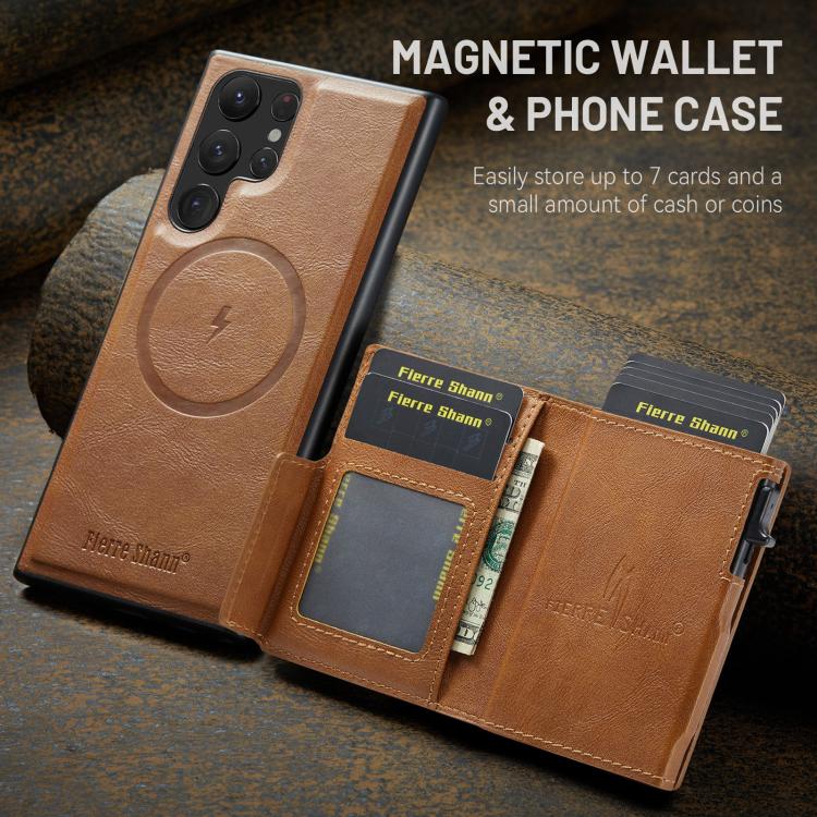 Fierre Shann Oil Wax Vegan Leather Magnetic Card Holder Retro Phone Case, For Galaxy S22 Ultra 5G, For Galaxy S22+ 5G, For Galaxy S22 5G