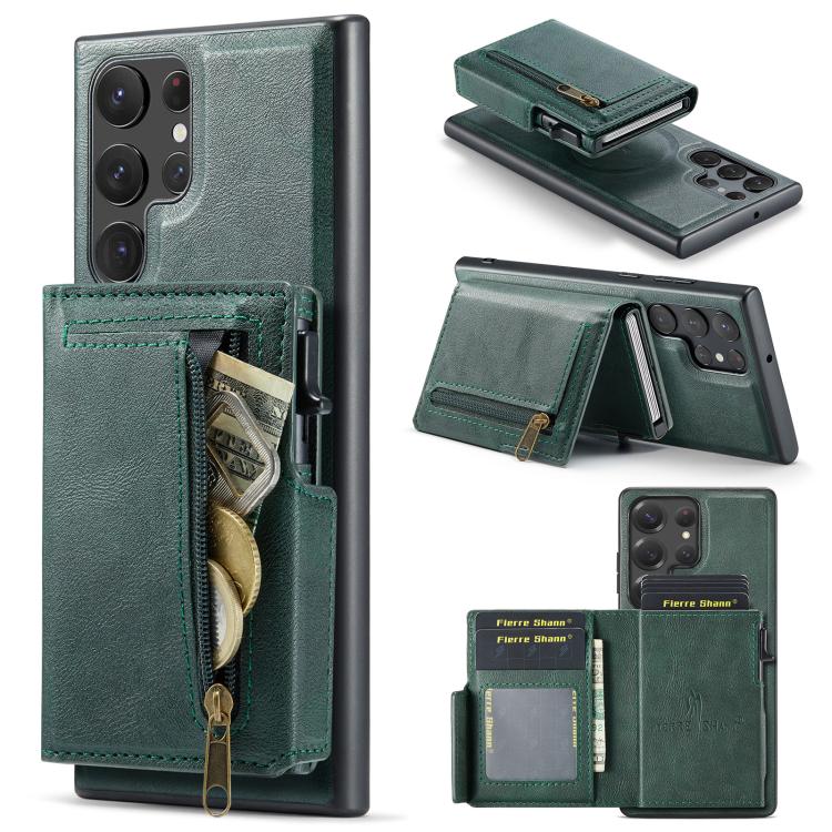 Fierre Shann Oil Wax Vegan Leather Magnetic Card Holder Retro Phone Case, For Galaxy S22 Ultra 5G, For Galaxy S22+ 5G, For Galaxy S22 5G