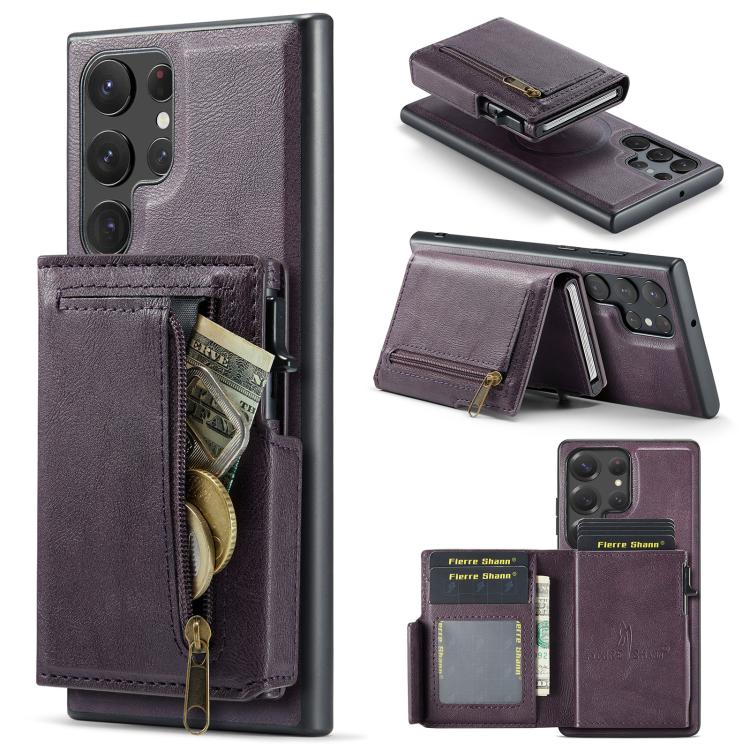Fierre Shann Oil Wax Vegan Leather Magnetic Card Holder Retro Phone Case, For Galaxy S22 Ultra 5G, For Galaxy S22+ 5G, For Galaxy S22 5G