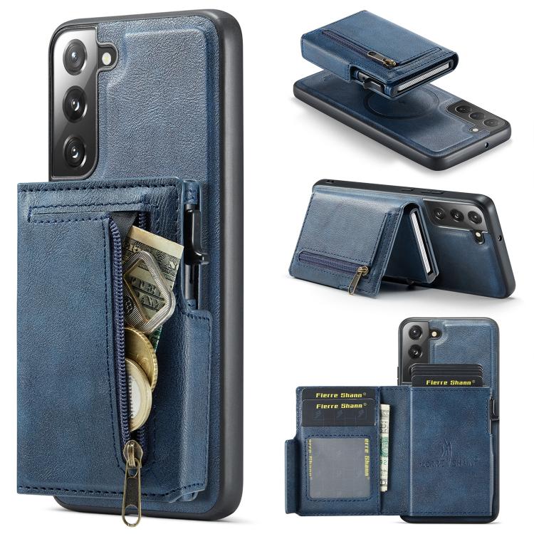 Fierre Shann Oil Wax Vegan Leather Magnetic Card Holder Retro Phone Case, For Galaxy S22 Ultra 5G, For Galaxy S22+ 5G, For Galaxy S22 5G