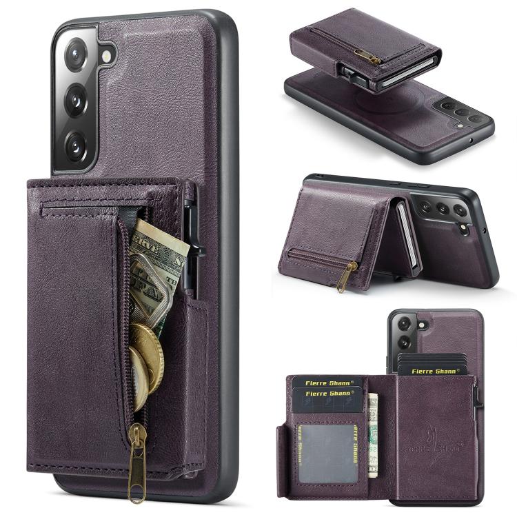 Fierre Shann Oil Wax Vegan Leather Magnetic Card Holder Retro Phone Case, For Galaxy S22 Ultra 5G, For Galaxy S22+ 5G, For Galaxy S22 5G