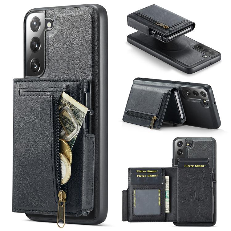 Fierre Shann Oil Wax Vegan Leather Magnetic Card Holder Retro Phone Case, For Galaxy S22 Ultra 5G, For Galaxy S22+ 5G, For Galaxy S22 5G