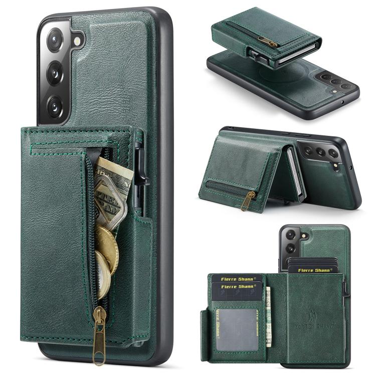 Fierre Shann Oil Wax Vegan Leather Magnetic Card Holder Retro Phone Case, For Galaxy S22 Ultra 5G, For Galaxy S22+ 5G, For Galaxy S22 5G
