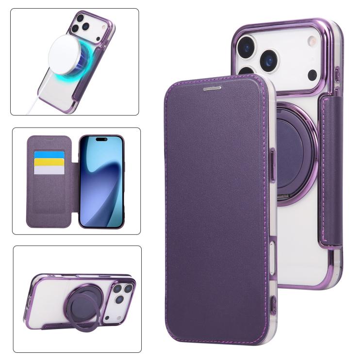 Custodia per telefono ultra sottile in ecopelle con supporto girevole e placcatura magnetica., For iPhone 17e / 16e, For iPhone 17 Pro Max, For iPhone 17 Pro