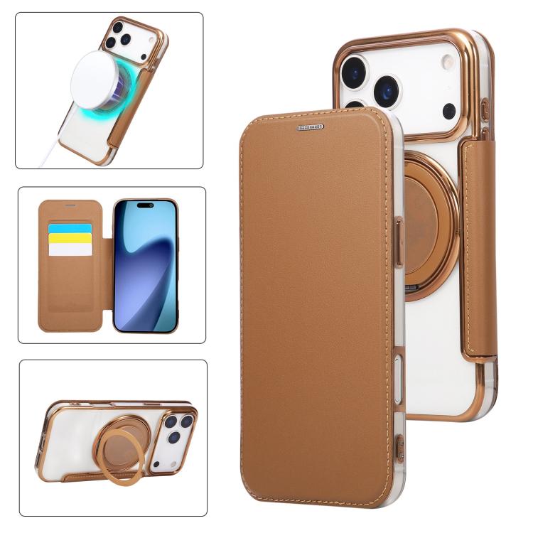 Custodia per telefono ultra sottile in ecopelle con supporto girevole e placcatura magnetica., For iPhone 17e / 16e, For iPhone 17 Pro Max, For iPhone 17 Pro