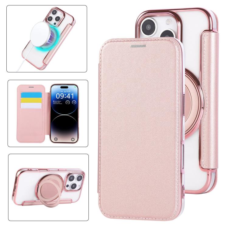 Custodia per telefono ultra sottile in ecopelle con supporto girevole e placcatura magnetica., For iPhone 16 Pro, For iPhone 16 Plus, For iPhone 16