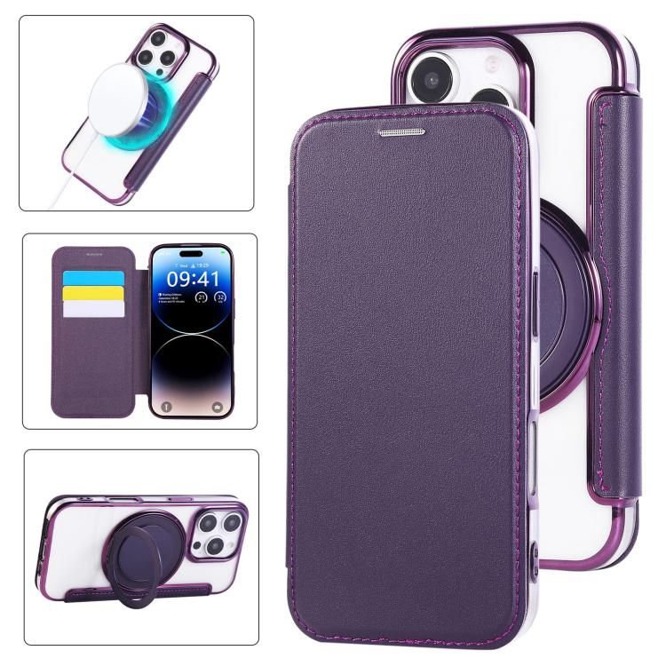 Custodia per telefono ultra sottile in ecopelle con supporto girevole e placcatura magnetica., For iPhone 16 Pro, For iPhone 16 Plus, For iPhone 16