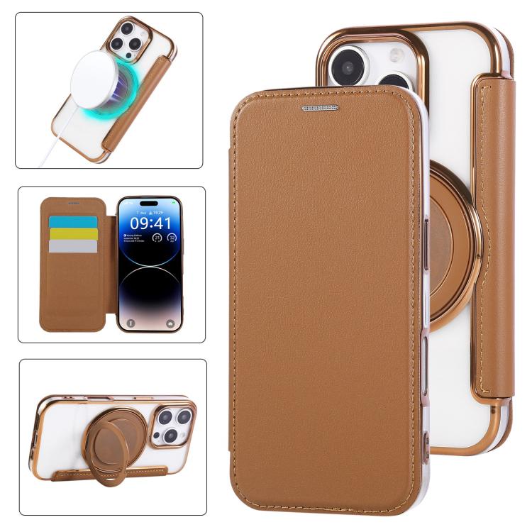 Custodia per telefono ultra sottile in ecopelle con supporto girevole e placcatura magnetica., For iPhone 16 Pro, For iPhone 16 Plus, For iPhone 16