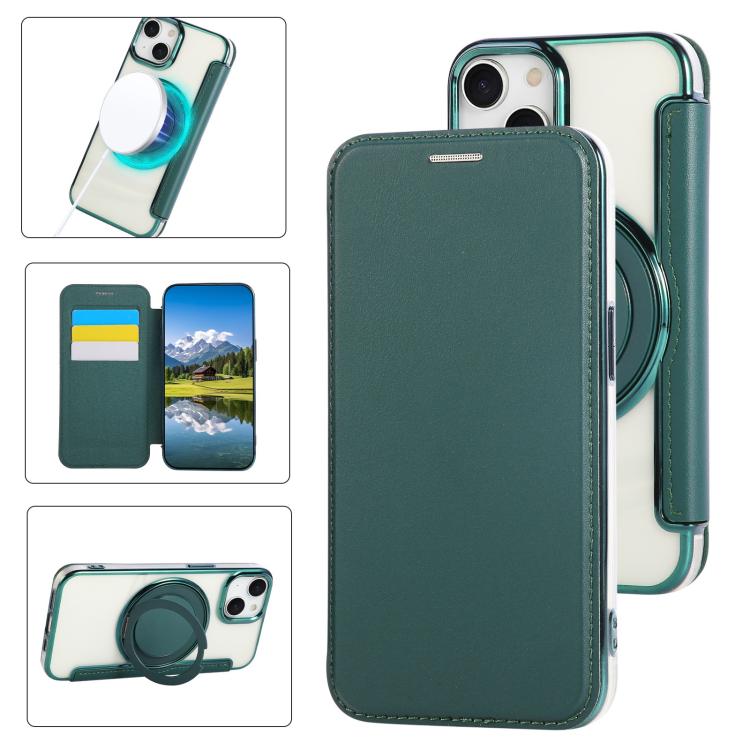 Custodia per telefono ultra sottile in ecopelle con supporto girevole e placcatura magnetica., For iPhone 15, For iPhone 14 / 13, For iPhone 14 Pro