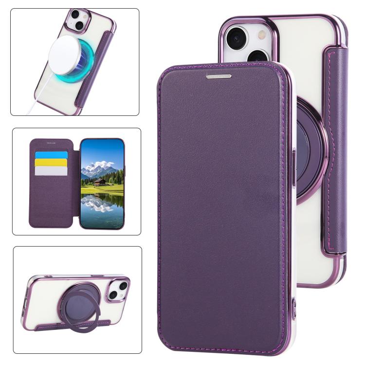 Custodia per telefono ultra sottile in ecopelle con supporto girevole e placcatura magnetica., For iPhone 15, For iPhone 14 / 13, For iPhone 14 Pro