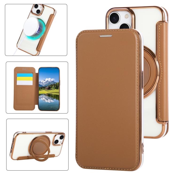 Custodia per telefono ultra sottile in ecopelle con supporto girevole e placcatura magnetica., For iPhone 15, For iPhone 14 / 13, For iPhone 14 Pro