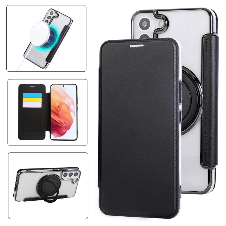 Custodia per telefono ultra sottile in ecopelle con supporto girevole e placcatura magnetica., For Samsung Galaxy S22 5G