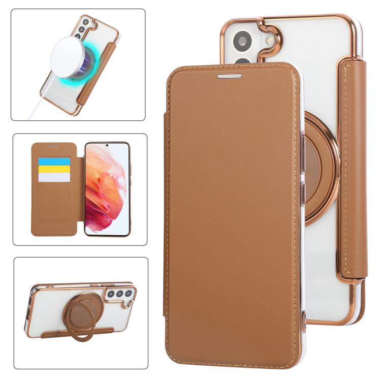 Custodia per telefono ultra sottile in ecopelle con supporto girevole e placcatura magnetica., For Samsung Galaxy S22 5G