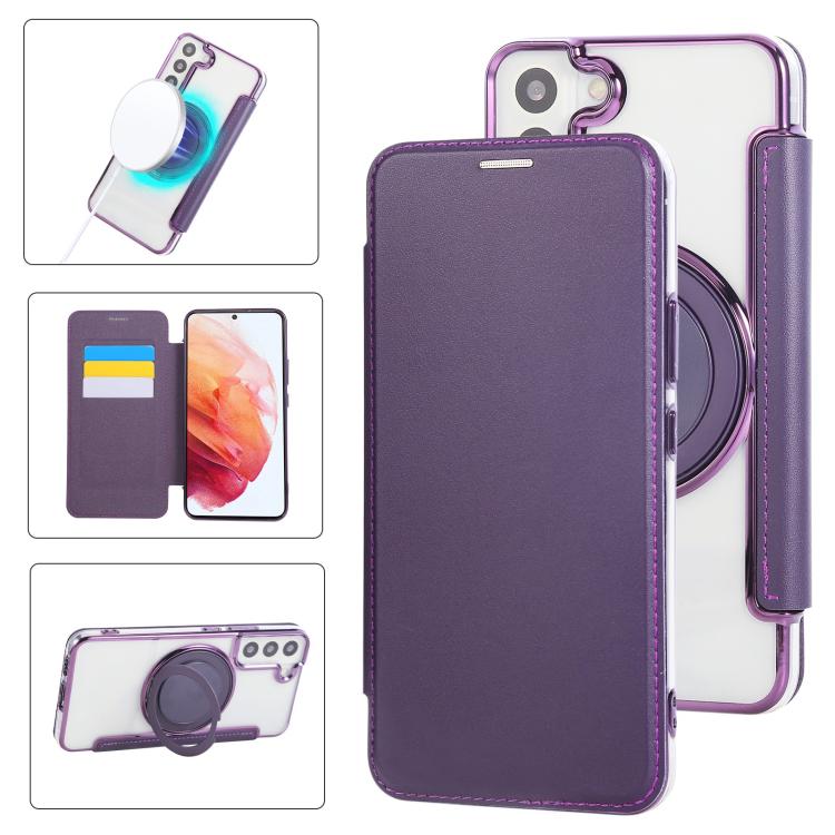 Custodia per telefono ultra sottile in ecopelle con supporto girevole e placcatura magnetica., For Samsung Galaxy S23 5G, For Samsung Galaxy S22 Ultra 5G, For Samsung Galaxy S22+ 5G