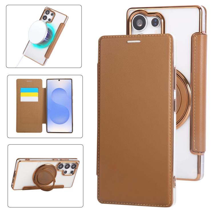 Custodia per telefono ultra sottile in ecopelle con supporto girevole e placcatura magnetica., For Samsung Galaxy S23 5G, For Samsung Galaxy S22 Ultra 5G, For Samsung Galaxy S22+ 5G