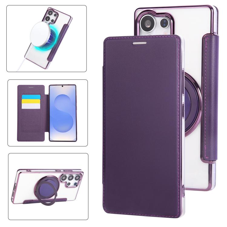 Custodia per telefono ultra sottile in ecopelle con supporto girevole e placcatura magnetica., For Samsung Galaxy S24 Ultra 5G, For Samsung Galaxy S23 Ultra 5G, For Samsung Galaxy S23+ 5G