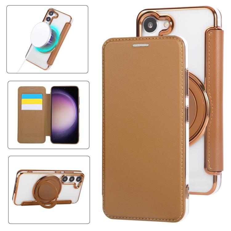 Custodia per telefono ultra sottile in ecopelle con supporto girevole e placcatura magnetica., For Samsung Galaxy S24 Ultra 5G, For Samsung Galaxy S23 Ultra 5G, For Samsung Galaxy S23+ 5G